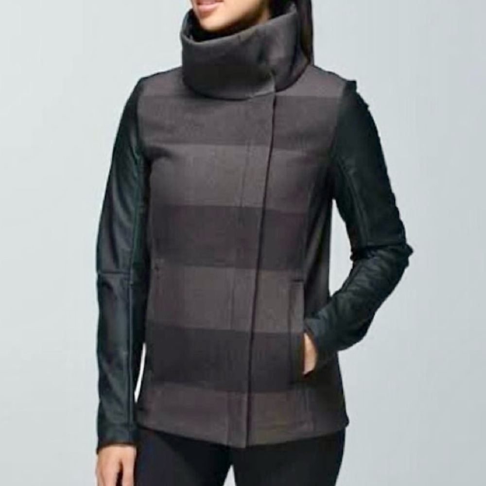 LULULEMON Brisky Biker Jacket in a gray and black stripe pattern